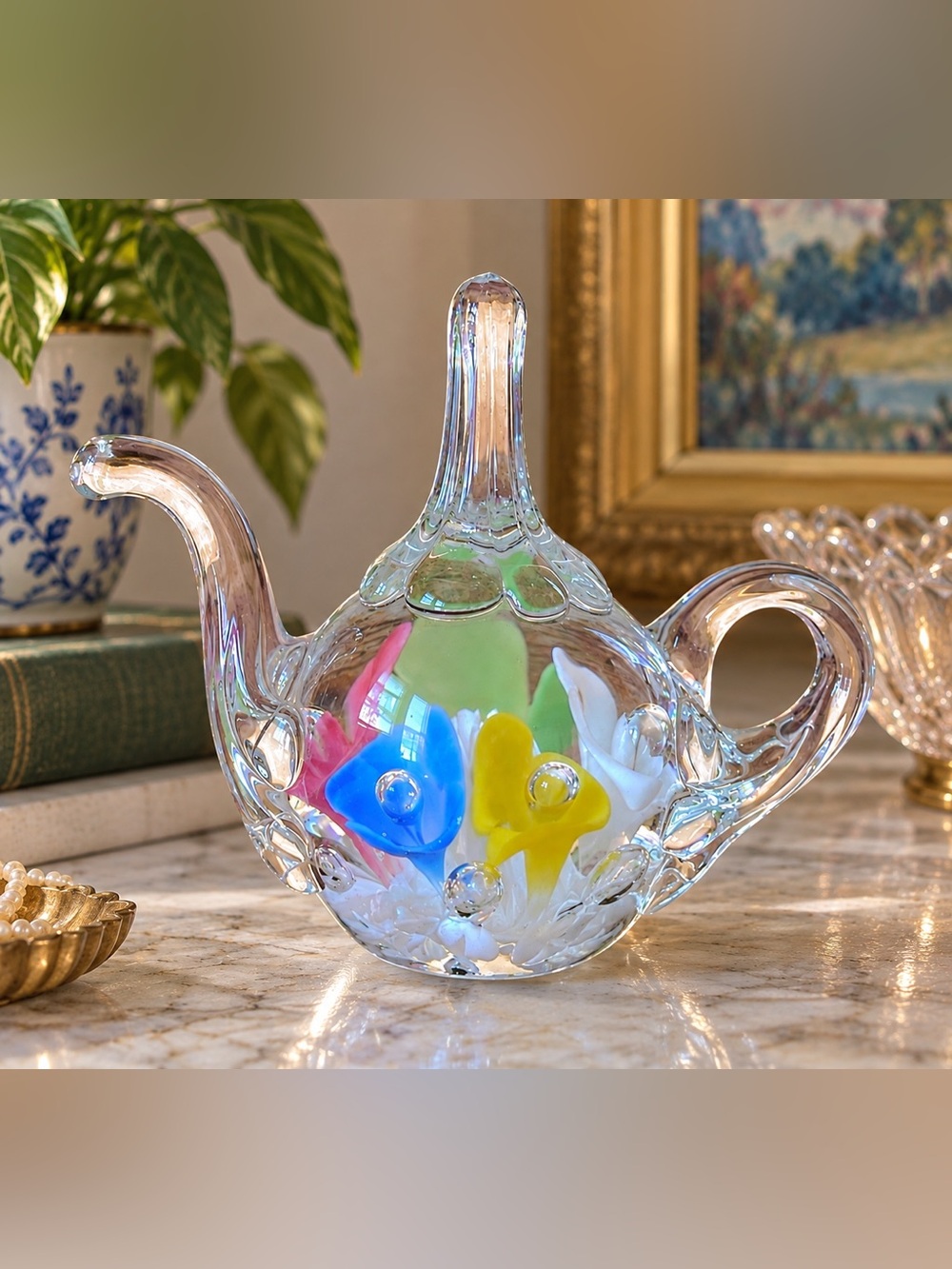 St Clair Joe Rice Art Glass Teapot Paperweight Ring Holder Pastel Flowers